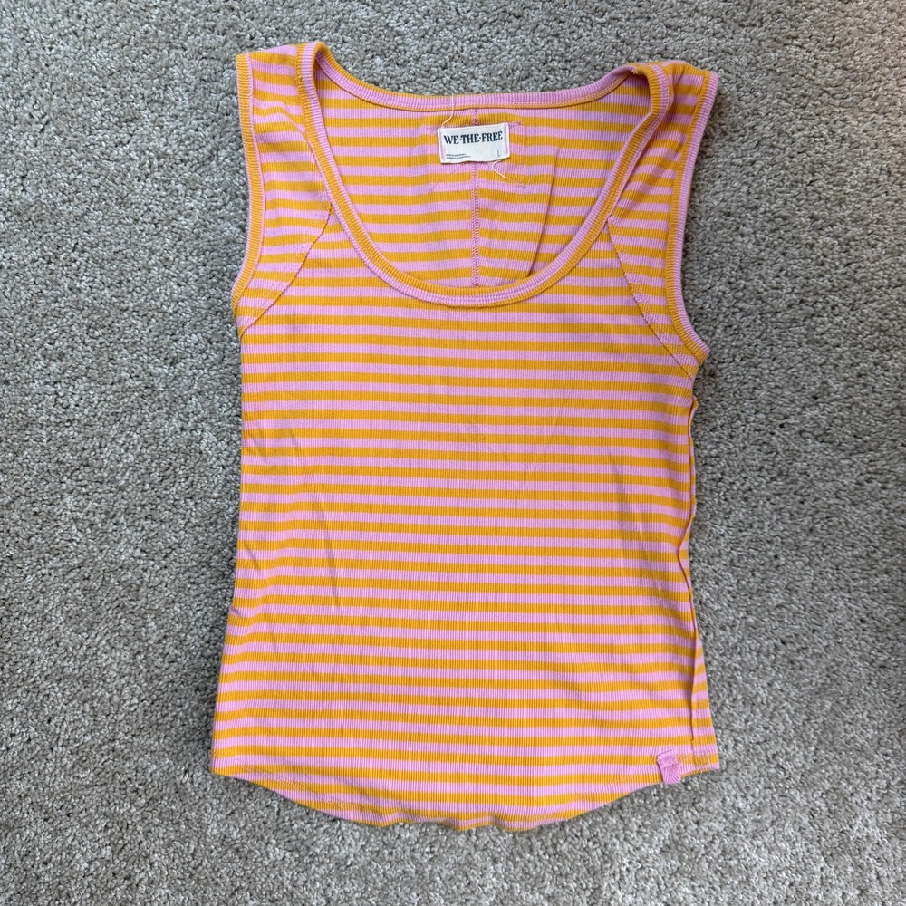 We The Free Tank Top Womens L Pink Yellow Striped Scoop Neck Ribbed Basic Jersey